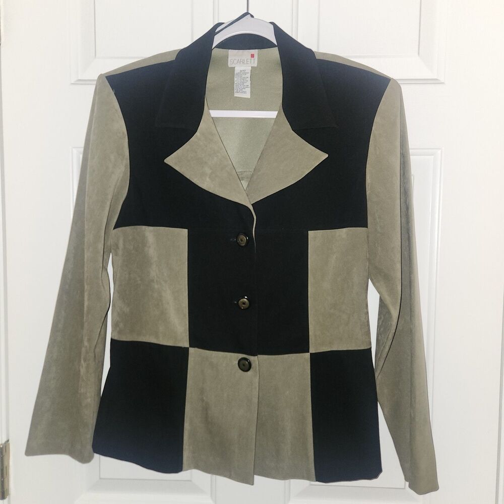 Vintage Scarlett Green and Black Patchwork Collared Button Up Blouse Size 11/12